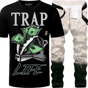 2Pc Skinny 2 Tone Jeans+Trap Life T-shirt 💎
